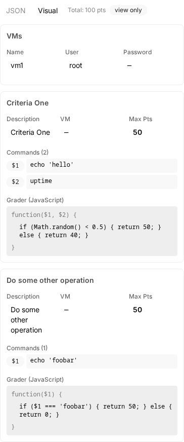 The rubric editor on a module's library page, showing the VM credentials and scoring components.